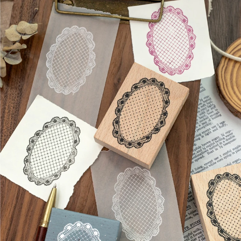 Sweet Heart Floral Oval Shape Wood Background Stamp for Scrapbooking Junk Journal Lace Shading Geometric DIY Seal Supplies - view 4