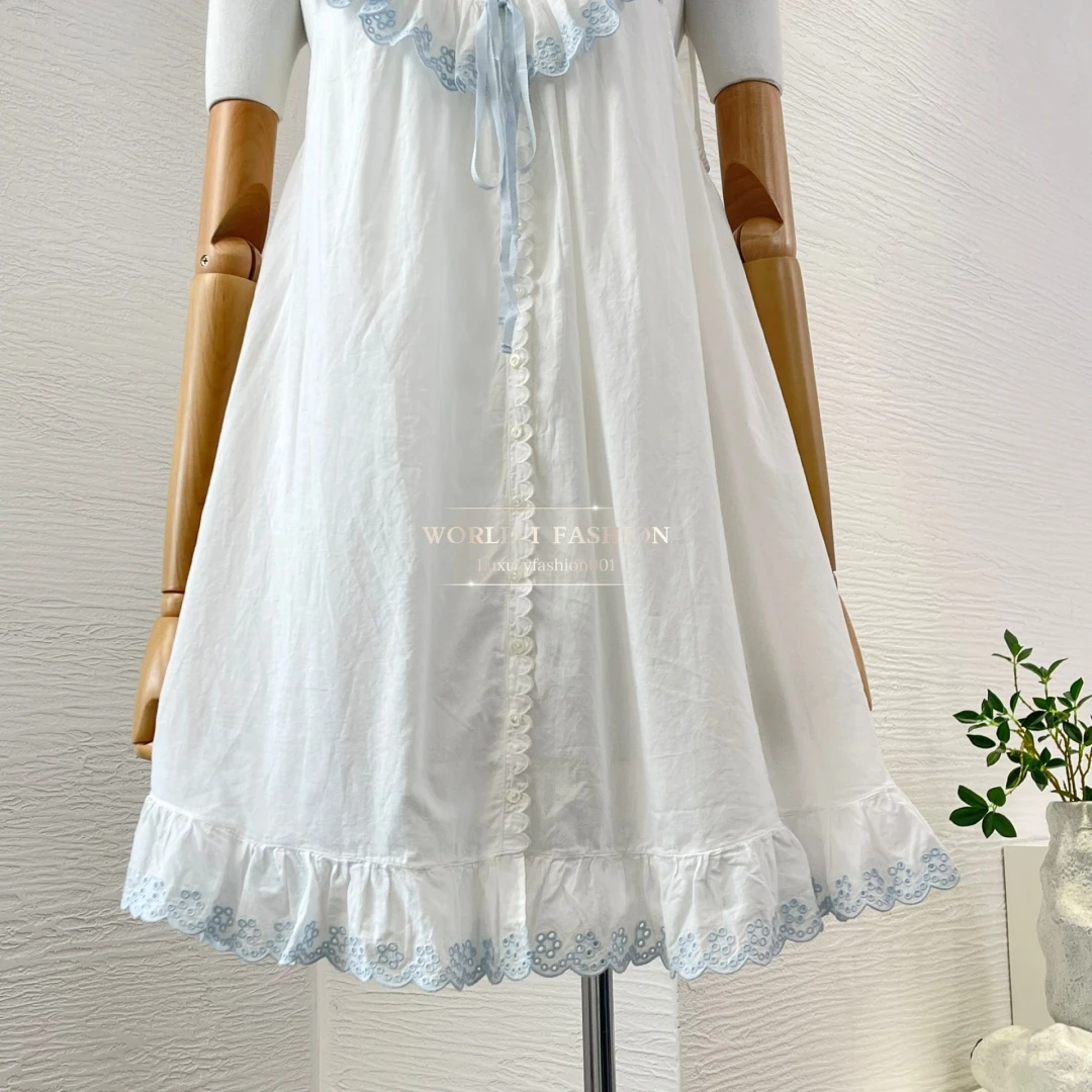 2025 New White Embroidery Sleeveless Ruffles Frilled Mini Dress