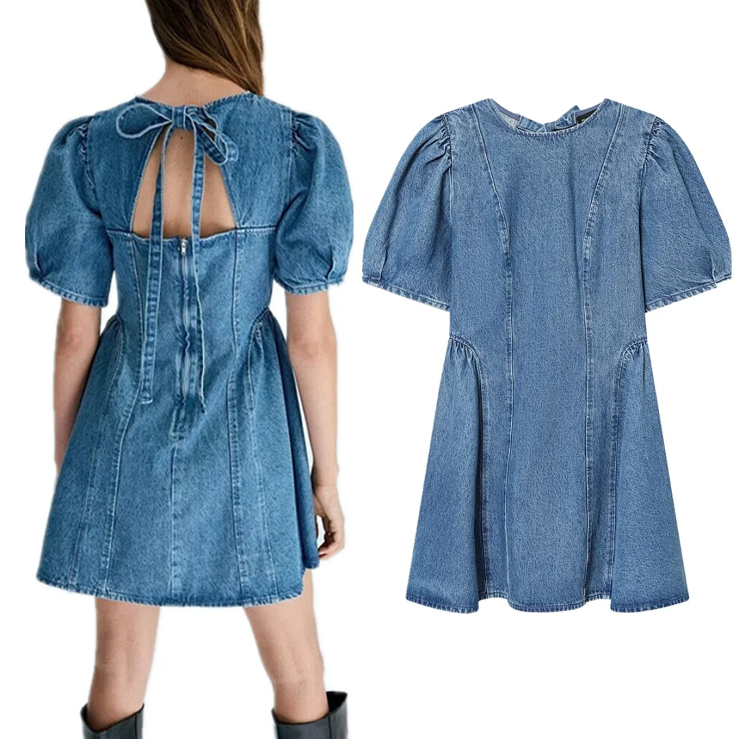 

Maxdutti Vintage Party Puff Sleeve Backless Denim Dress Women's Casual Dresses Female Clothing Summer Mini Dresses For Women