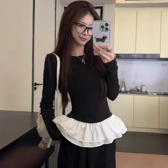 

Ballet Sle Puffy Lace Patchwork Fake Two Pieces Long Sleeve Round Neck T-shirt Women 2025 Spring Summer Unique Chic Top