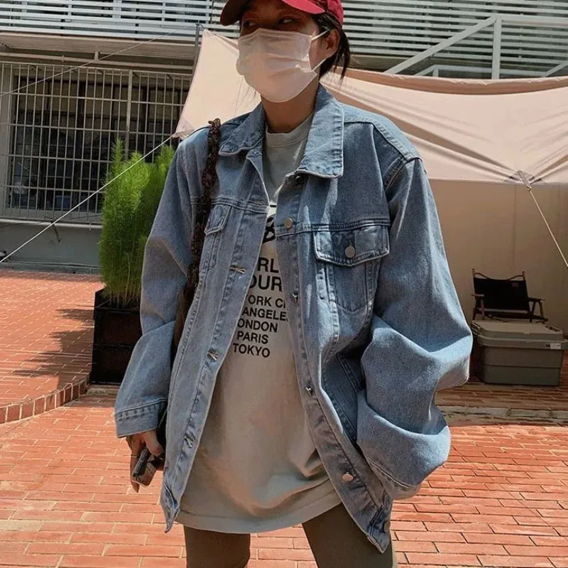 

Fried Street Denim Jacket Women's Outwear Spring Autumn New Cardigan Coat Long Loose Sweet Korean Single-Breasted Jeans Clothes