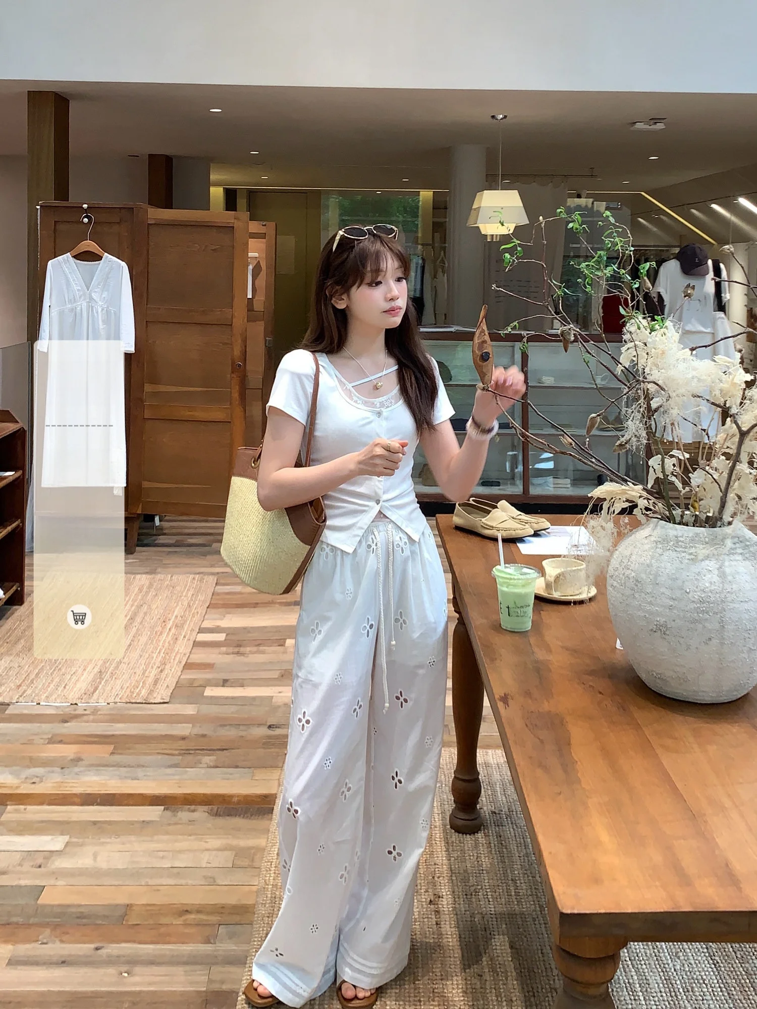 

Elevated Hollow Embroidery Loose Casual Pants High Waist Cotton Straight Leg Jilin Sweet Tea Small Size Spring Summer Fashion
