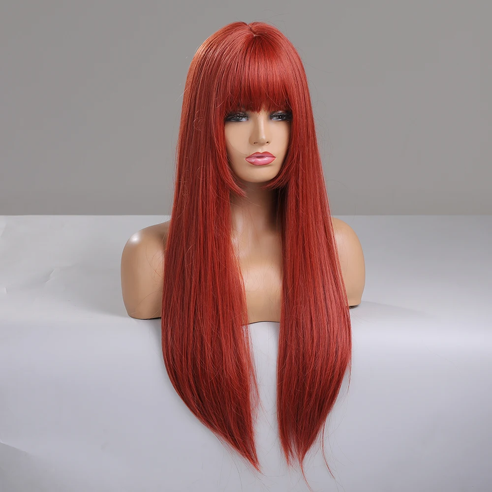 HENRY MARGU Orange Red Synthetic Wigs Long Smooth Straight Wig Auburn Hair with Bangs for Women Party Daily Use Heat Resistant