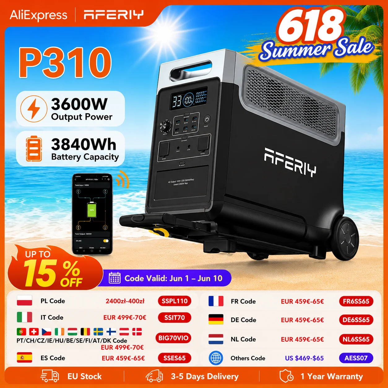 AFERIY AF-P310 3840Wh Stazione di Alimentazione Portatile, Generatore Solare, Batteria LiFePO4, Backup Domestico, Power Bank Mobile per Campeggio all'Aperto