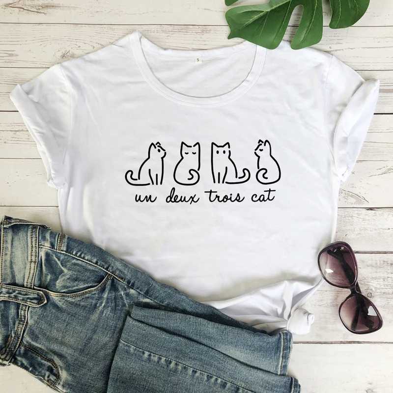 Cute Un Deux Trois Cat T-shirt Funny Cat Mom Gift Tshirt Summer Short Sleeve Cat Lover Graphic Tees Tops Outfits Drop Shipping