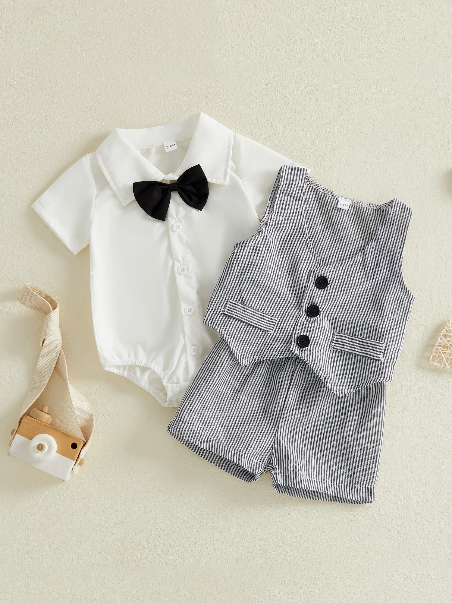 

Toddler Boy Casual Summer Outfit Set with Short Sleeve Button Down Shirt Striped Shorts and Matching Vest - 3 Piece Ensemble