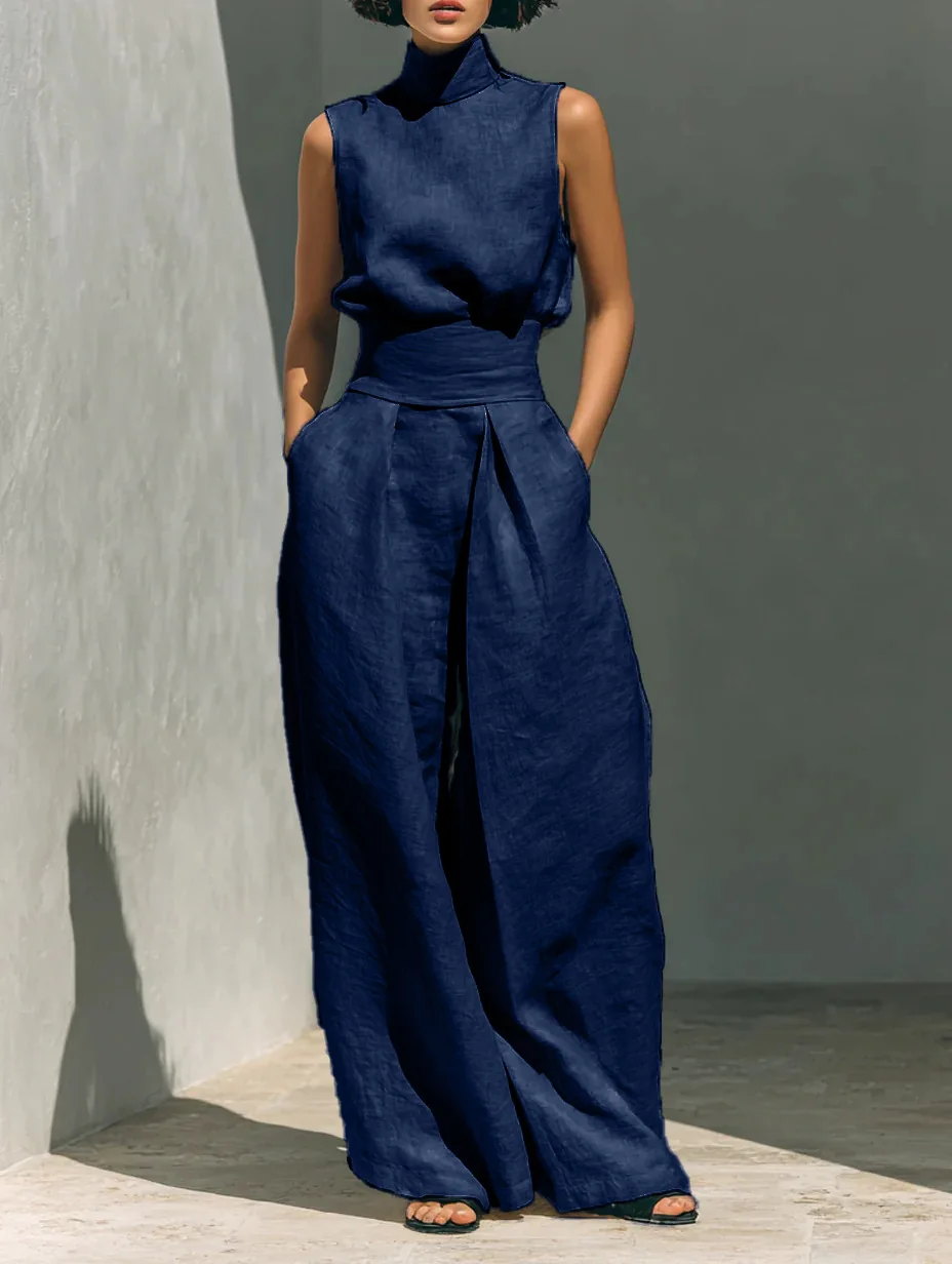 

Casual Trousers Set Loose Solid Color Summer Fashionable Sleeveless Turtleneck Cotton Linen Tops Wide-leg Trousers Two-piece Set