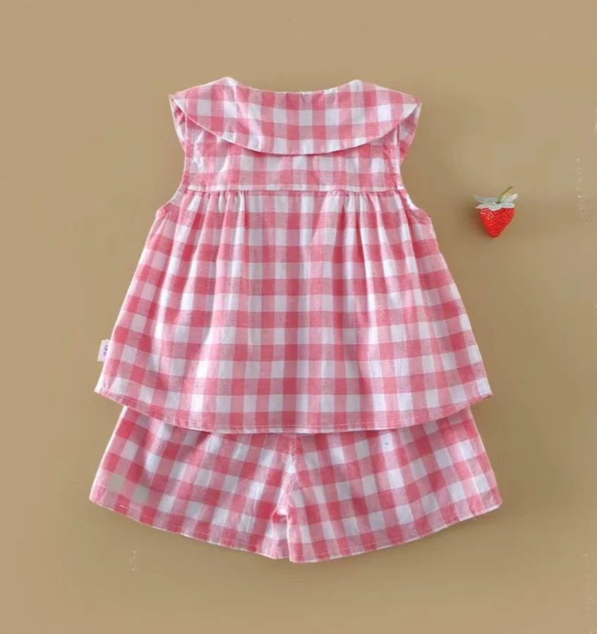 Girls 2Pcs Summer Plaid Set Peter Pan Collar Sleeveless Tank Top Lace Heart Embroidery Elastic Waist Matching Shorts Casual Set