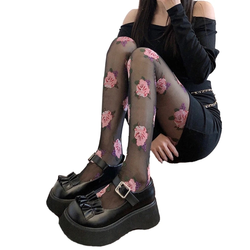 สตรี Vintage Rose ลาย Silky Footed Tights ถุงน่องสไตล์ญี่ปุ่น JK สาวบาง Sheer Pantyhose กางเกงขายาวร้านขายชุดชั้นใน