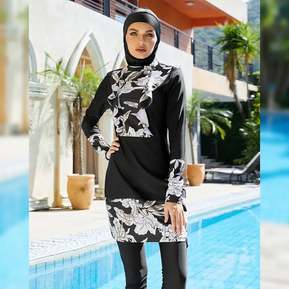 3-teiliges bescheidenes Druck-Hijab-Badeanzug-Set für Damen mit langen Ärmeln, vollständiger Abdeckung, islamische arabische Strandmode, Burkinis-Badekostüme