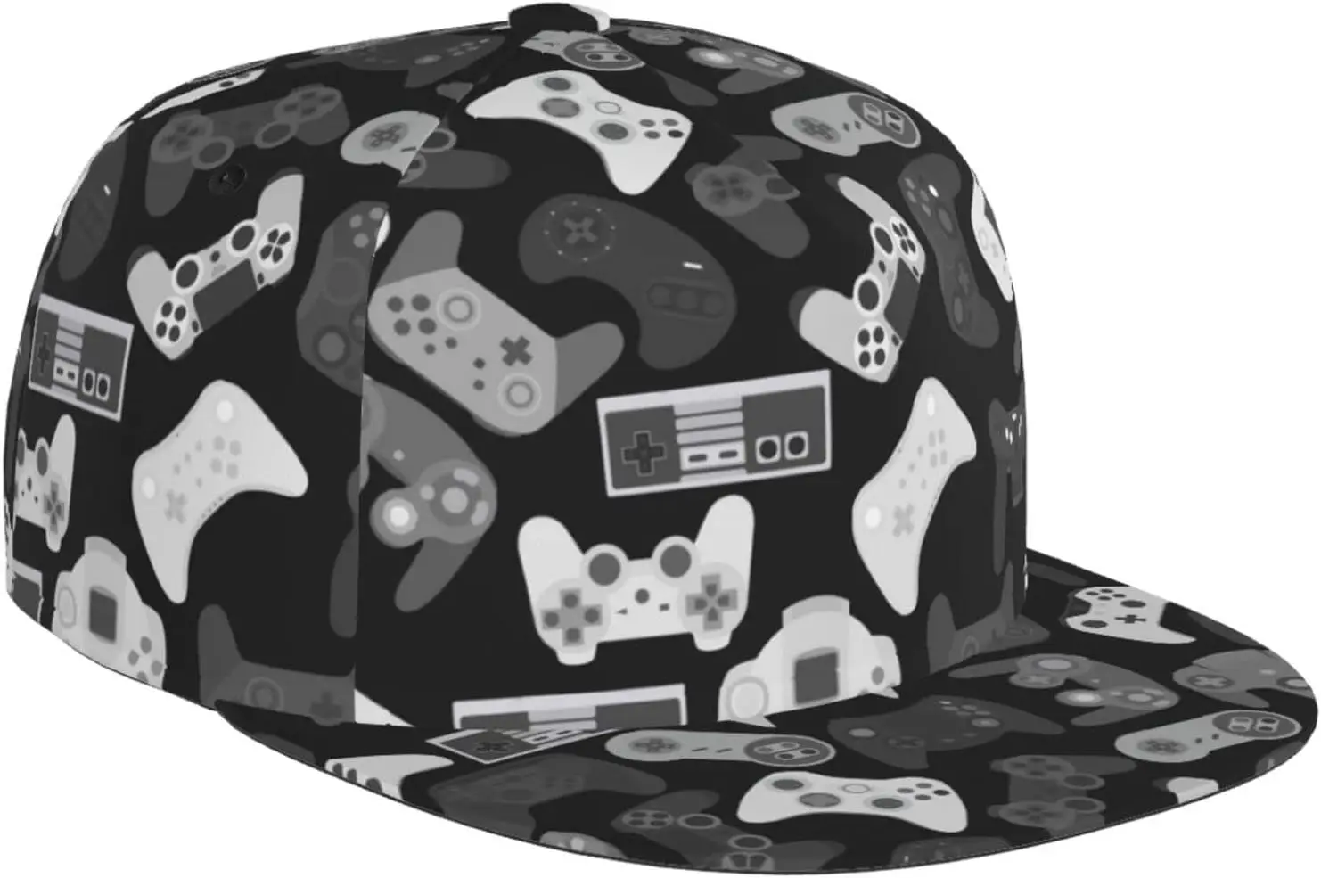 Video Game Weapon Controller Pattern Flat Bill Hat, Unisex Snapback Baseball Cap Hip Hop Style Flat Visor Blank Adjustabl