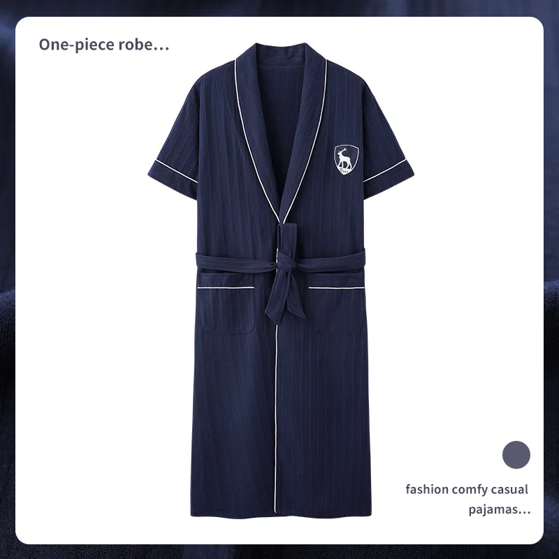 Męskie bawełniane szlafrok Kimono letnie szlafroki Loungewear solidne plecy niebieskie szare modne Kimono męskie bielizna nocna bielizna nocna Dropship