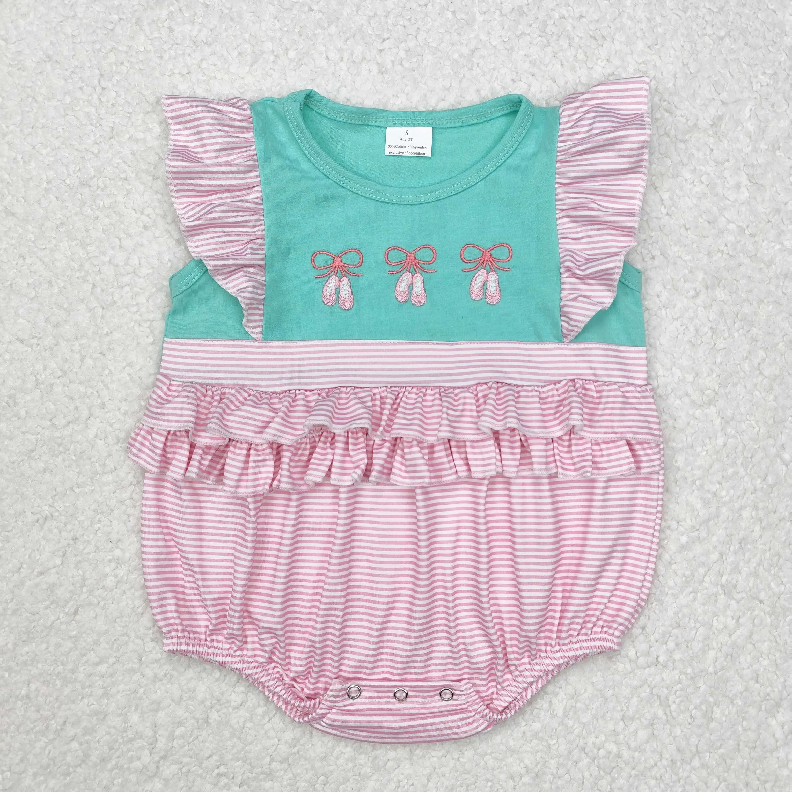 New rts infant girls summer romper wholesale boutique embroidered bow ballet shoes pink plaid romper