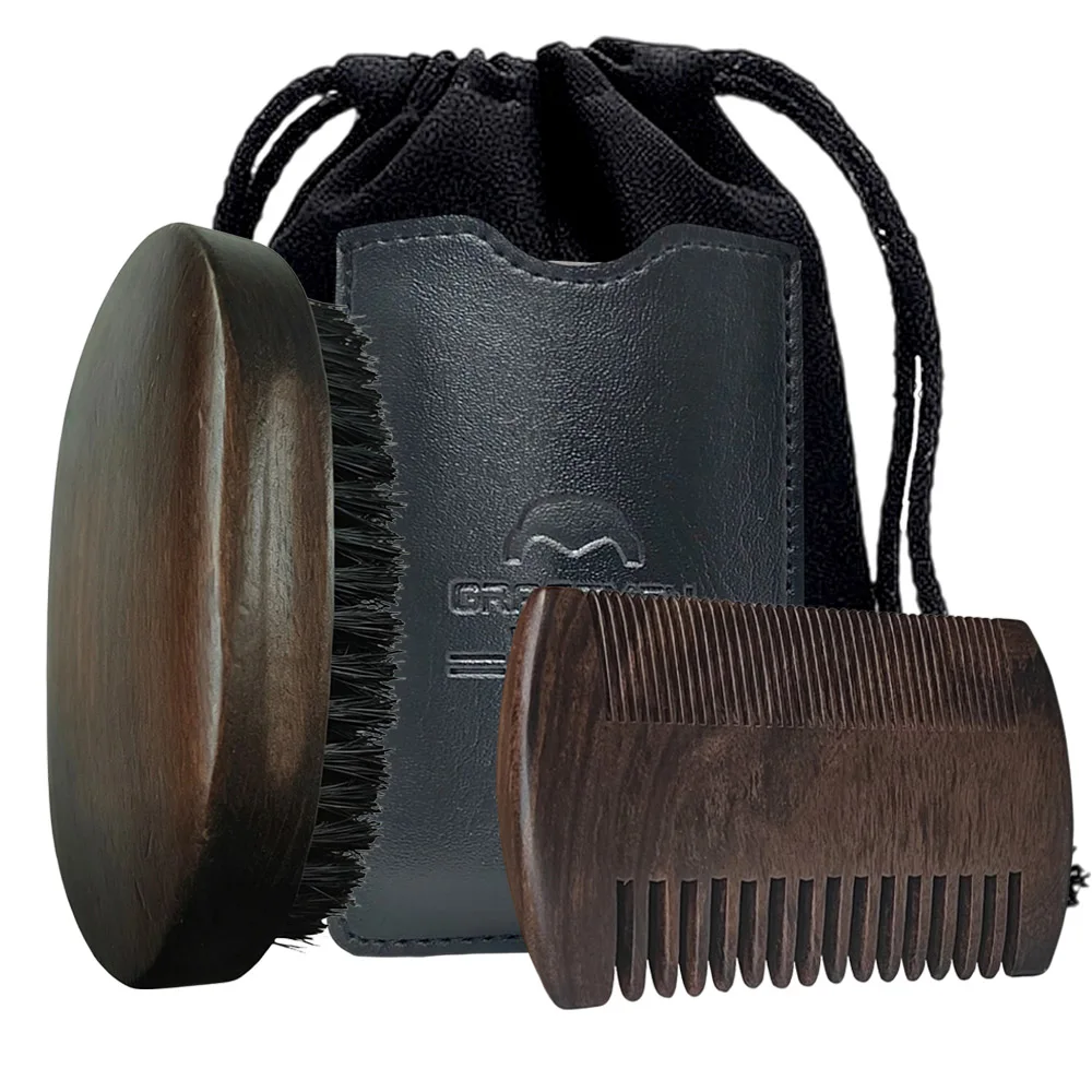 Gracemen Beard Kit - Retro Beard Brush & Dark Wooden Comb & PU Sleeve Gift Grooming Set for Men With Storage Bag