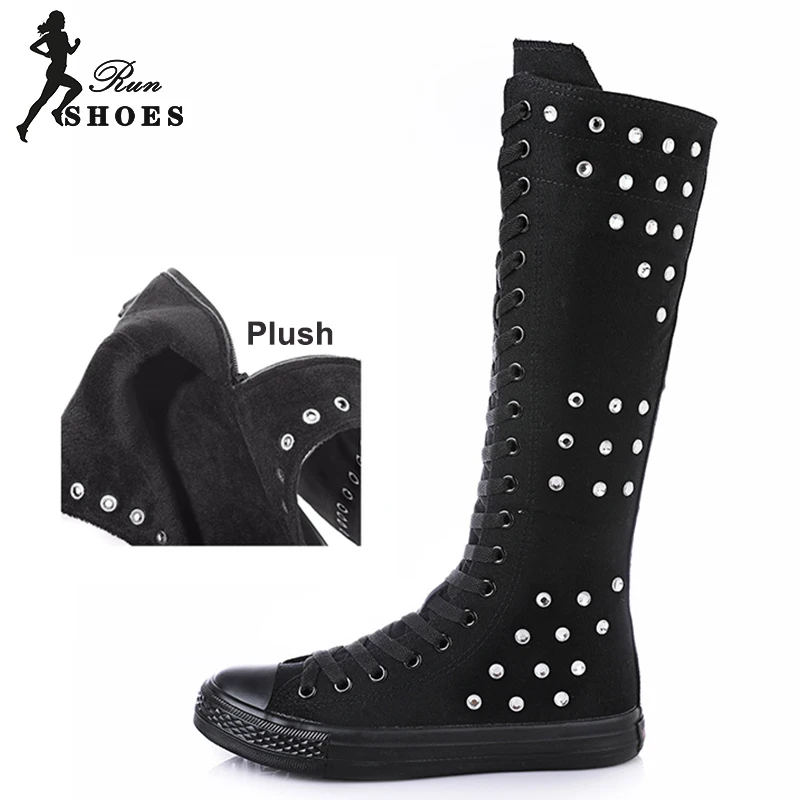 2023 Autumn Long Boot Bling Diamond Zip Canvas Women\'s Casual Sneaker Shoes High Top Round Toe Lace-up Cheerleaders Dance Shoes