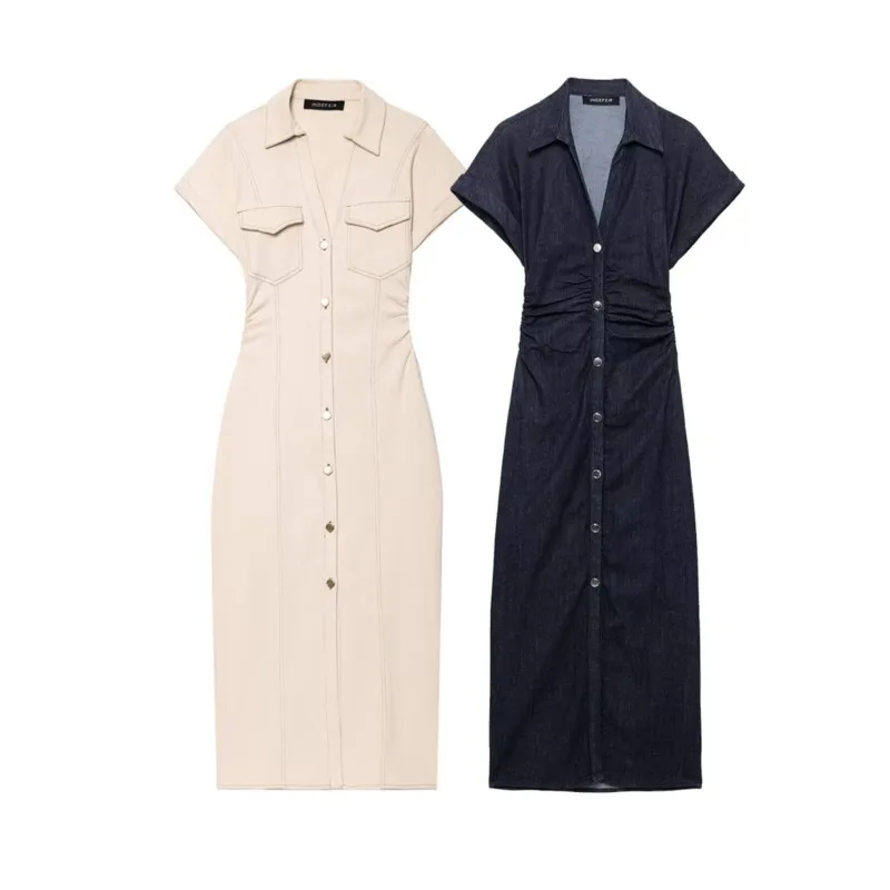 Vestidos de mezclilla para mujer verano 2025 vestido azul ajustado con botones vestido largo de mezclilla con volantes y cuello vuelto Vestidos de playa informales elegantes
