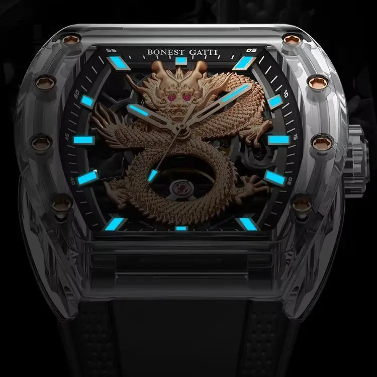 BONEST GATTI Men Automatic Watch Tonneau Mechanical Wristwatch Transparent Acrylic Case Sapphire Luminous Skeleton Dragon Dial
