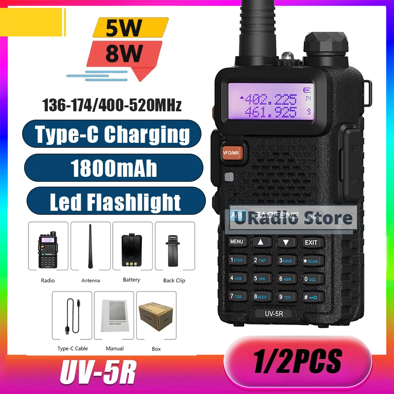 BaoFeng Walkie Talkie UV-5R 1800mAh USB-C Battery Ham Two Way Radio 5W/8W Black Portable Station Transceiver For Hunting Camping