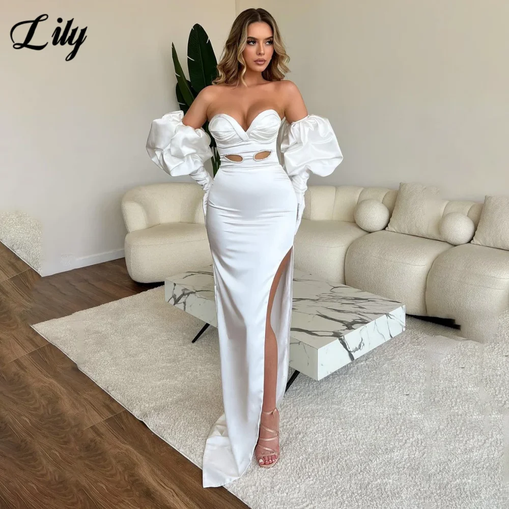 

Lily White Elegant Prom Gown Sweetheart Flower Pattern Gloves Prom Dresses Satin Split Wedding Mermaid Evening Dress Customized