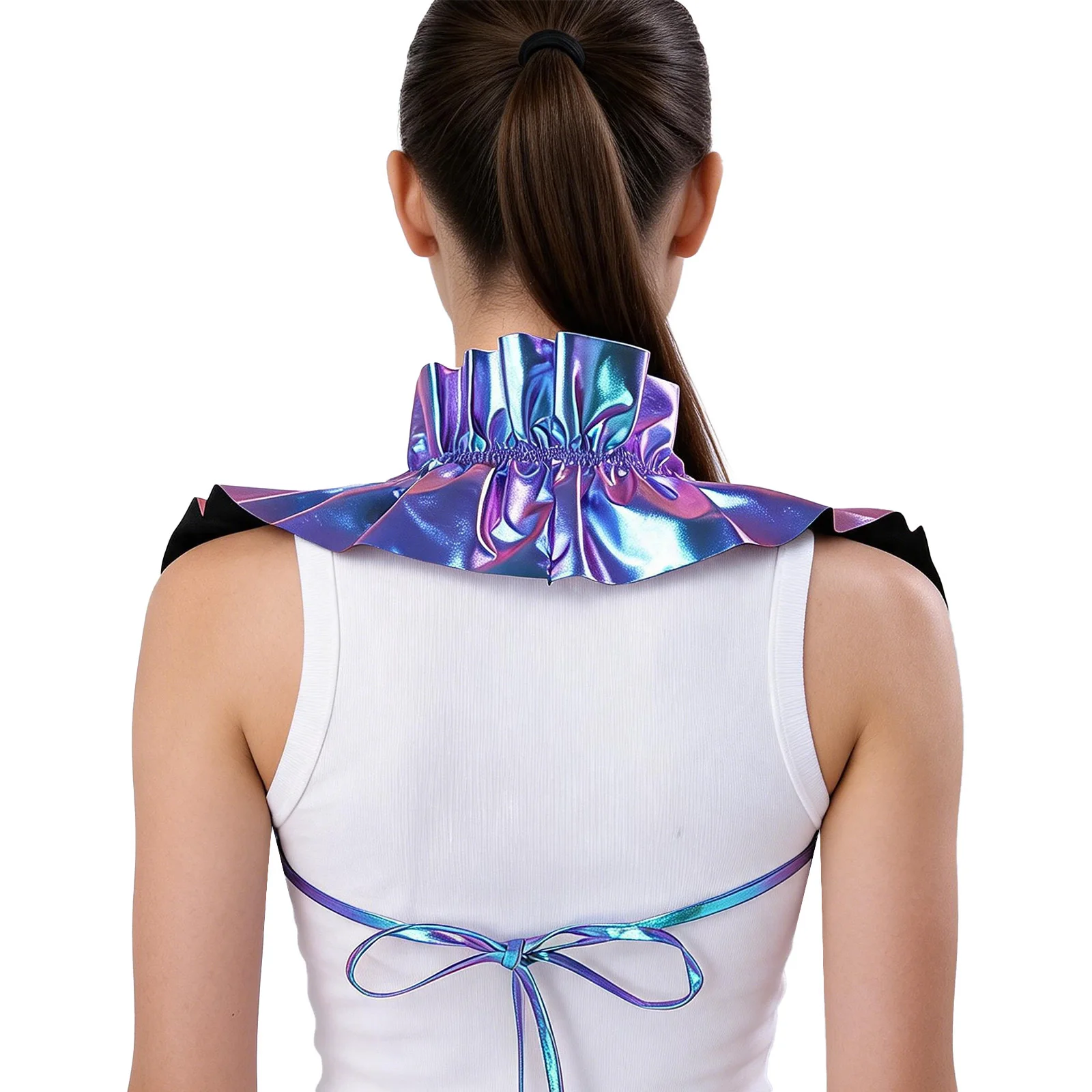 Womens Victorian Renaissance Shrug Wrap Capelet Hologram Ruffle Shoulder Shrug Tie‑Back Bow Gothic Victorian Costume Accessory view 4