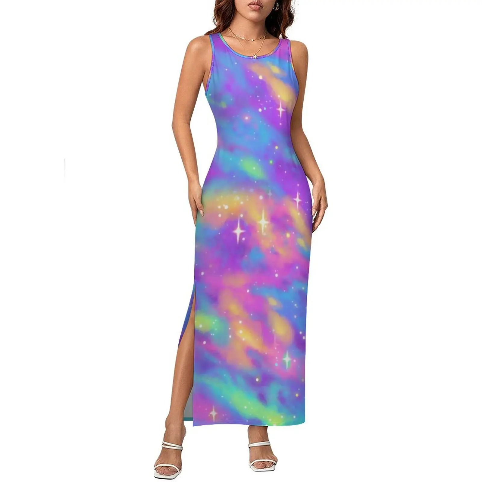 Abstract Star Print Dress Sleeveless Pastel Galaxy Pretty Maxi Dresses Spring Aesthetic Custom DIY Bodycon Dress 2XL 3XL 4XL