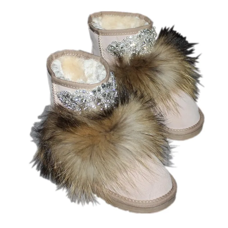 Winter Real Fur Bling Rhinestone Beading Decor Snow Boots Thick Sole Slip On Suede Boots Woman Warm Fur Ankle Booties