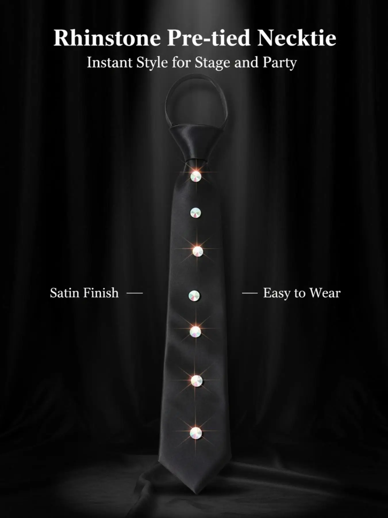 Pre-Tied Diamond Crystal Satin Necktie, Wrinkle-Free Bling School Tie, Gender Neutral Unisex for Party Banquet Daily Wear