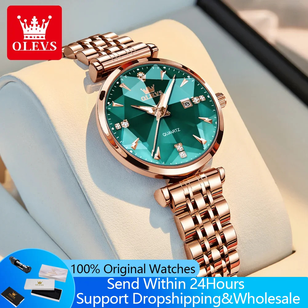 OLEVS 5536 Woman Watch Fashion Rhombus Mirror Calendar Quartz Watch For Women Original Waterproof Ladies Wristwatch Steel Strap