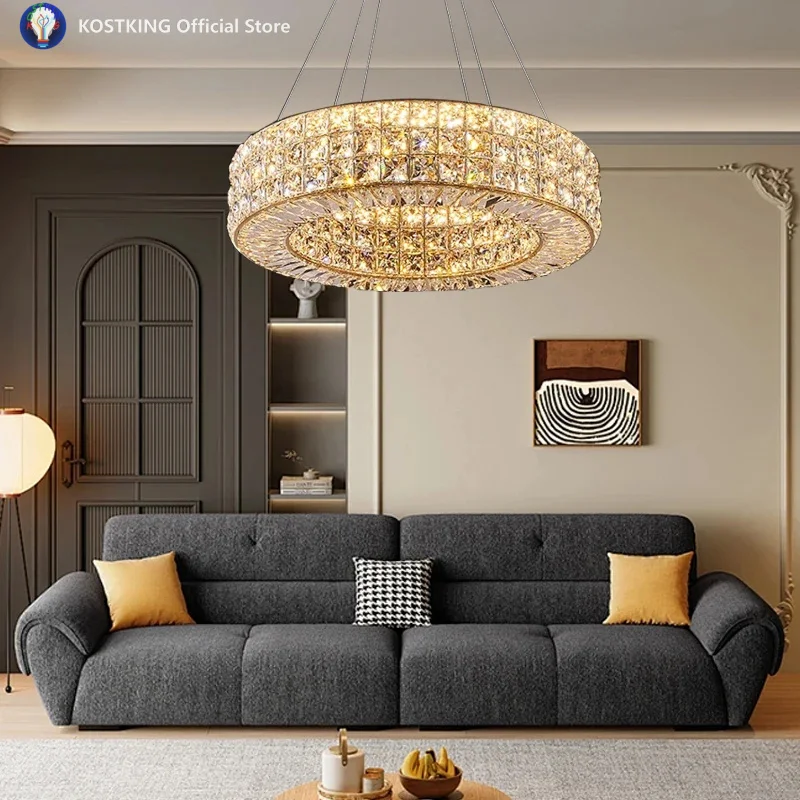 

Gold K9 Crystal Luxury Round Ceiling Pendant Light Big Nordic Room Decoration Dining Table Hanglamp Rectangle Designer Lamp