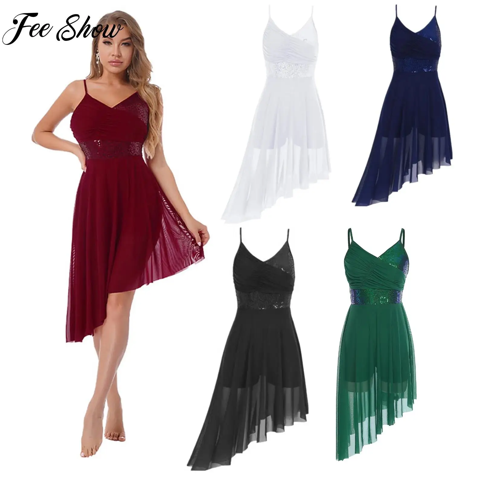 

Womens Sparkly Sequin Lyrical Modern Contemporary Dance Dress Girl V Neck Front Dress Ballet Latin Dancing Performance Dancewear