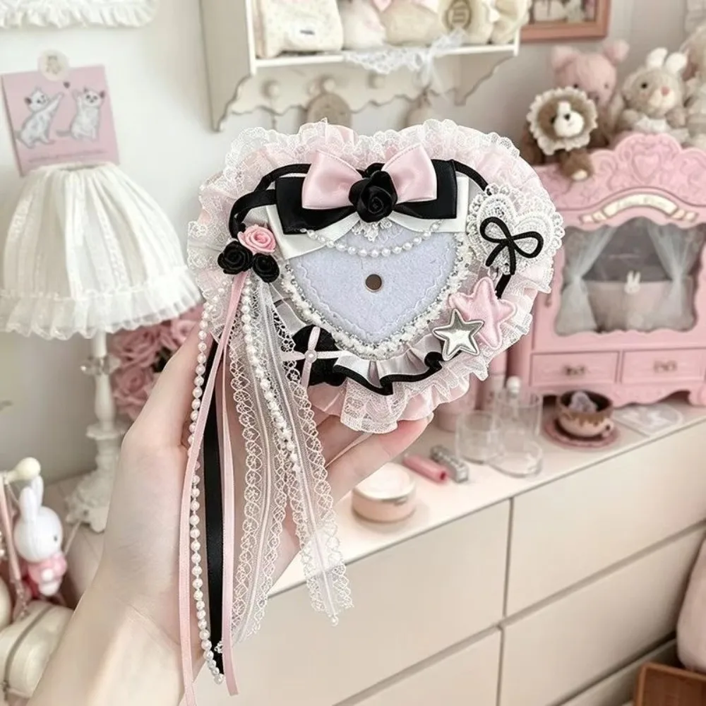 Fabric Heart Shaped Badge Holder Lace Trim Rose Detail Handmade Lace Bow Rose Card Holder Decorative Bow Tassel Straps
