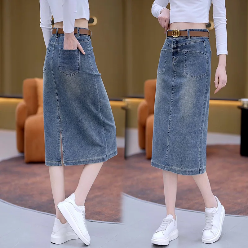 تنورة متوسطة الطول من الدنيم للنساء، تنورة ضيقة متوسطة الطول متعددة الاستخدامات للخريف، تنورة مستقيمة بفتحة خلفية قابلة للتمدد بخطوة واحدة