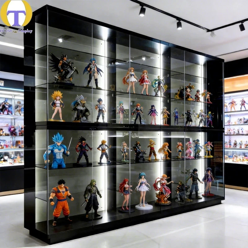 custom.Luxury Full Glass Island Cabinet LED Lights Reinforced Glass Shelves Retail Shopping Mall Use Waterproof Heavy