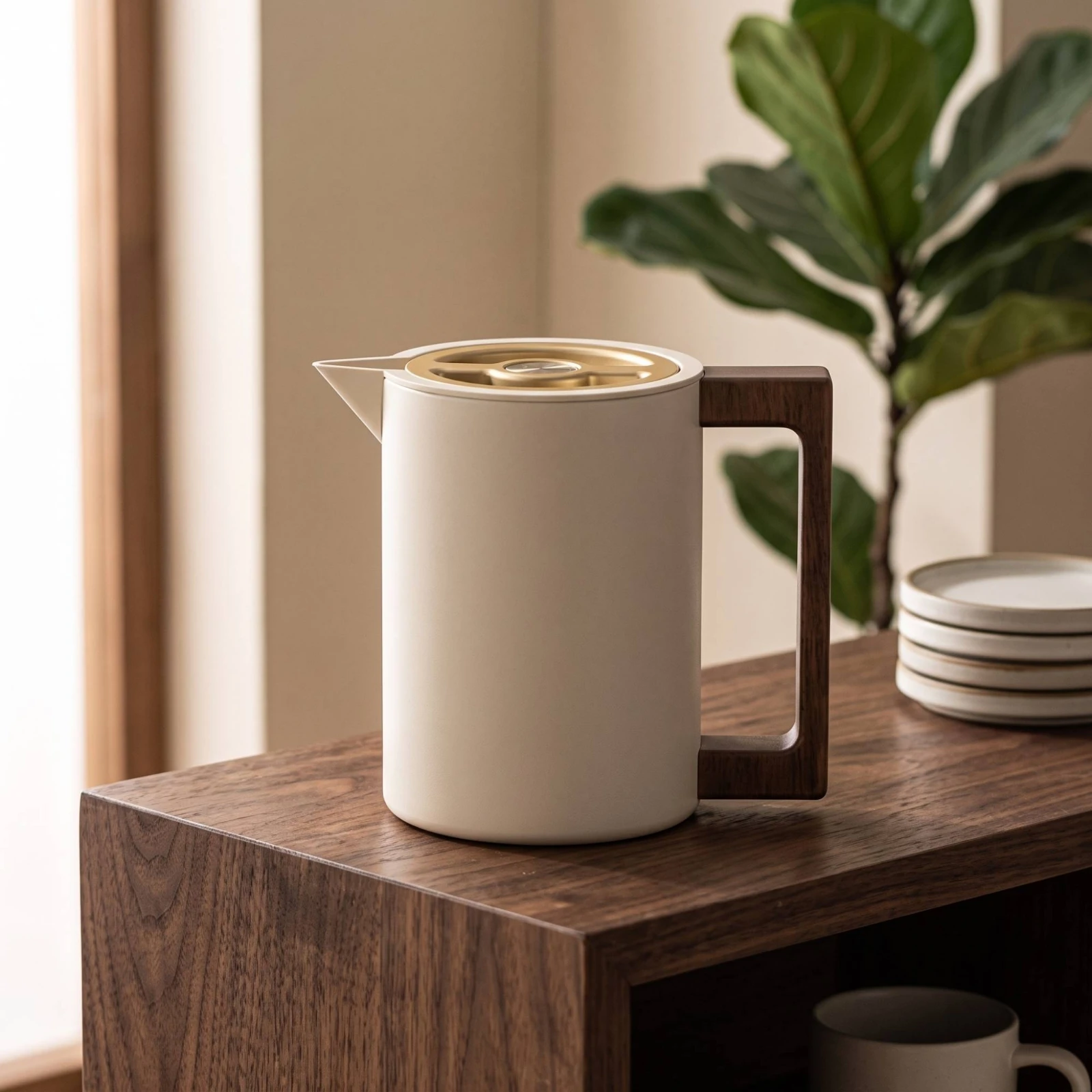 Insulated Pot with Wood Handle Stainless Steel Thermal Carafe Vacuum Jug Double Walled Thermal Vacuum Carafe Matte for Hosts