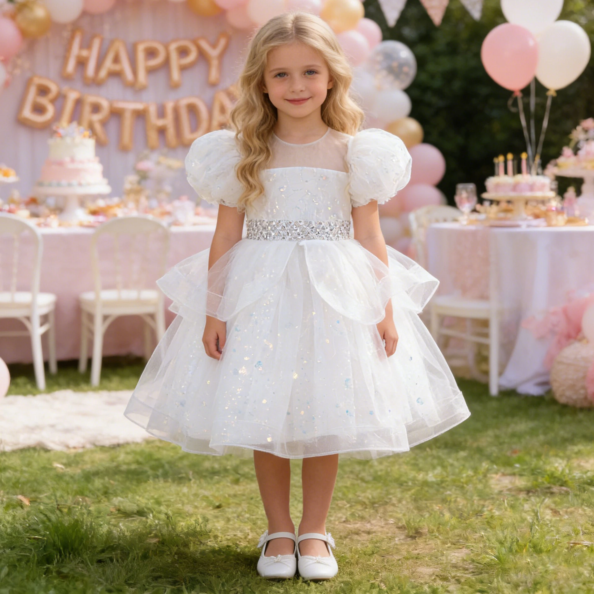 

Платье подружки невесты с пышными рукавами для крещения, элегантное платье с блестками для свадьбы, дня рождения, выпускного вечера, платья с бантом для девочек, выпускная детская одежда