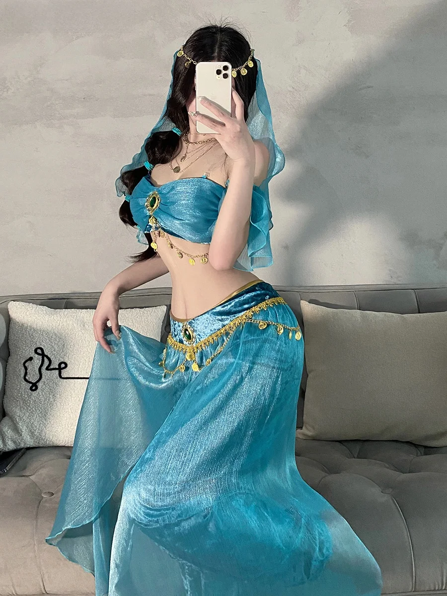 Sexy Princ Aladdin Cosplay Kostüm Exotischer Tanz Lady Outfit Polyester Material Ethnische Bühnenaufführung Damenbekleidung