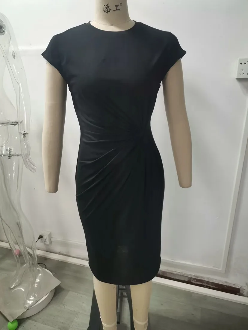 

New Women's Casual Bodycon Dress Front Knot Crew Neck Midi Dress Fashion Basic Daily Dating Dress