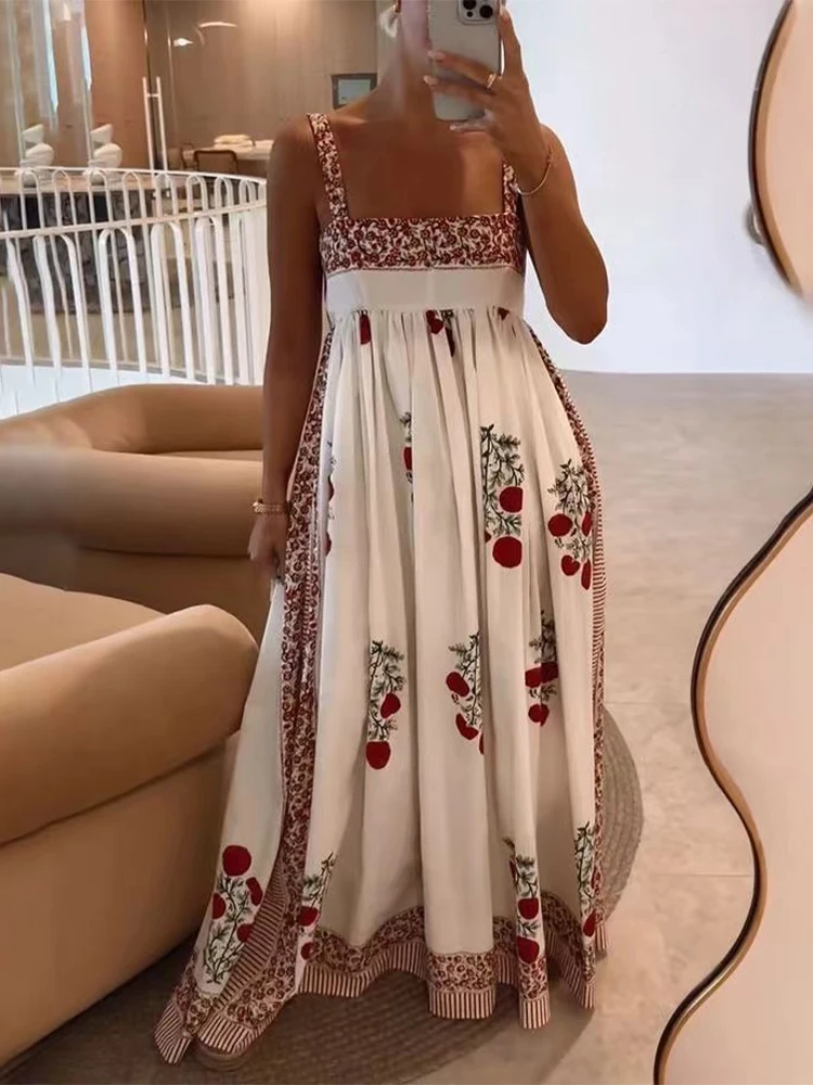 

New 2024 Dress Women Floral Print Strap High Waist Empire Floor-length Long Dresses Sleeveless 46910