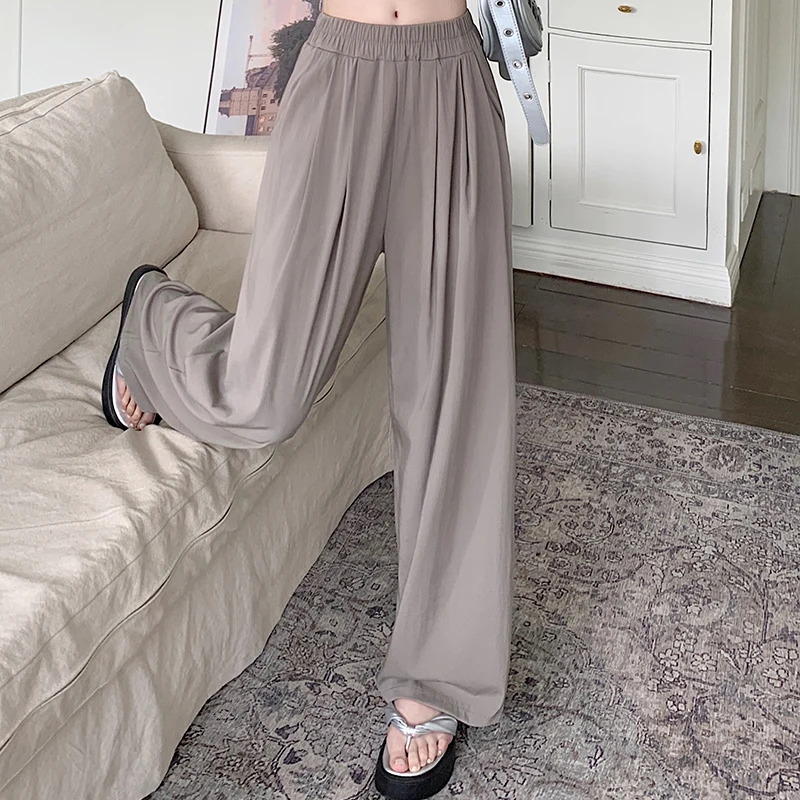 Women Korean Loose Grunge Wide Leg Trousers Lady Fashion High Waisted Elastic Pants Female Casual Black Gray Apricot Pink Slacks