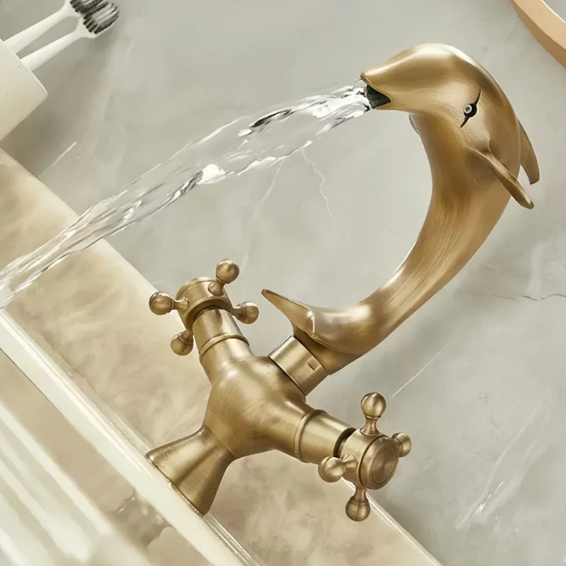 

Bathroom Faucet Dolphin Shape Dual Handles Bathrooml Sink Faucet Antique Brass Deck Mount Lavatory Sink Faucets Mixer