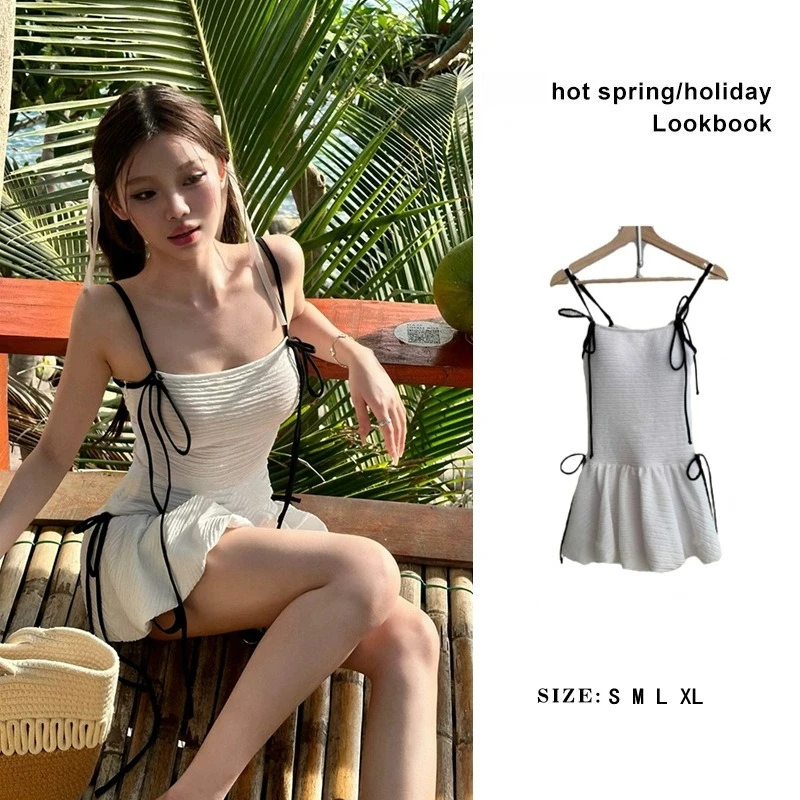

White Pure Desire Suspenders Gather Briefs with Skirts, Conservative Tight and Thin, Durable One-piece Swimsuit Bathing Suit