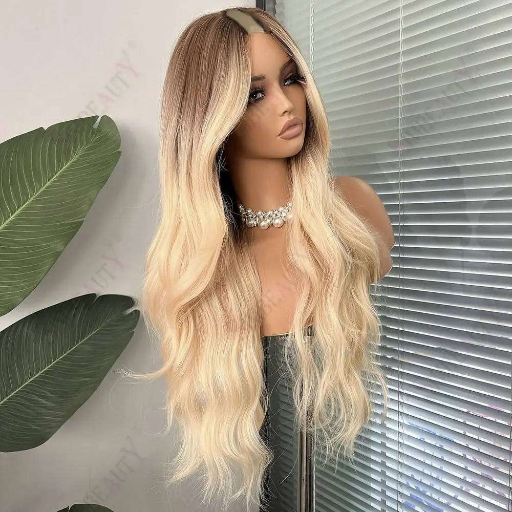 Lange 28-Zoll-Wellenperücke, kleberlos, dunkle Wurzeln, Ombre 613 # Blondes 100% Remy Echthaar 1x4 Größe U/V Teilperücken für Frauen Einfaches Tragen mit Clips – Detail 3