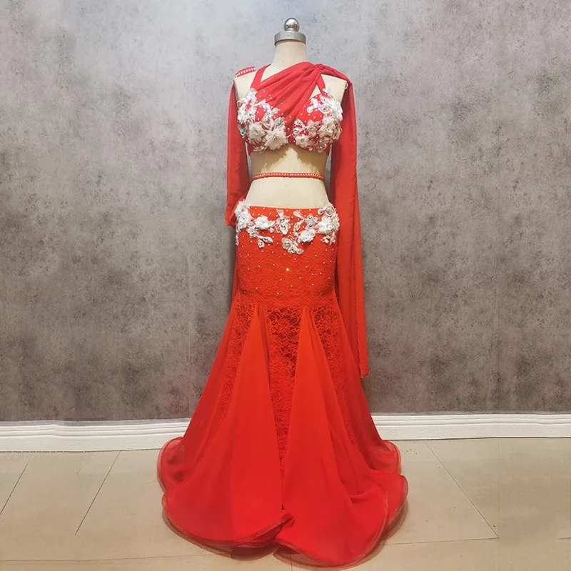 성인과 어린이를위한 맞춤형 블랙 레드 플러스 사이즈 밸리 댄스 의상 스커트 성능 의상 탑과 대형 스커트