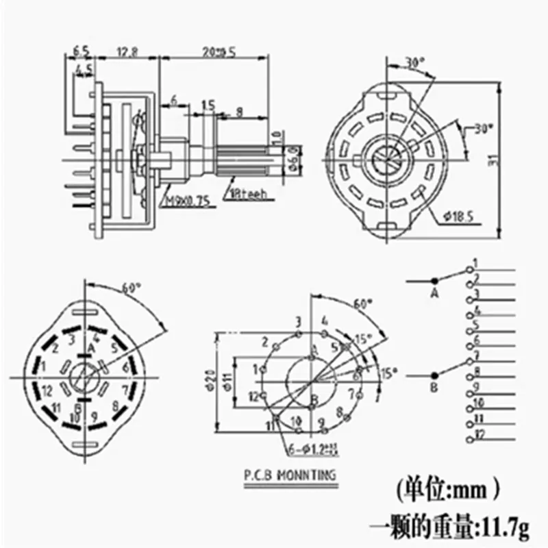 1pcs RS25 Band switch 1P11T 2P4T 2P5T 2P6T 3P3T 3P4T 4P3T Mount Rotary Switch Selector Band Pole Position Knob Switchs MF-A03