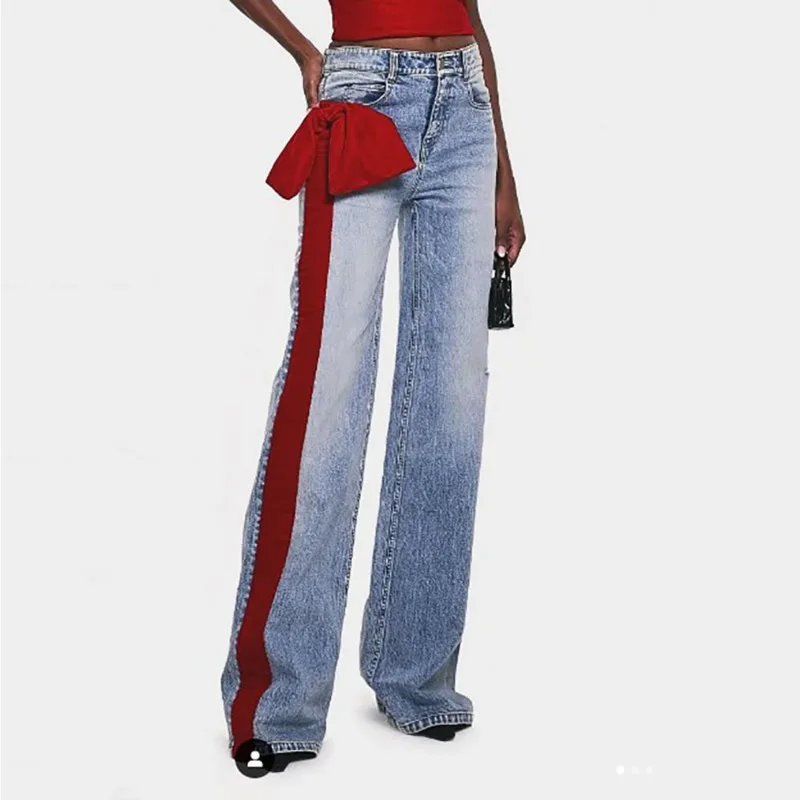 

[Vibe] Velvet Webbing Splicing Women's Straight Pants Y2k Vintage Washed Commuter Cotton High Waist Jeans 2025 Early Spring New
