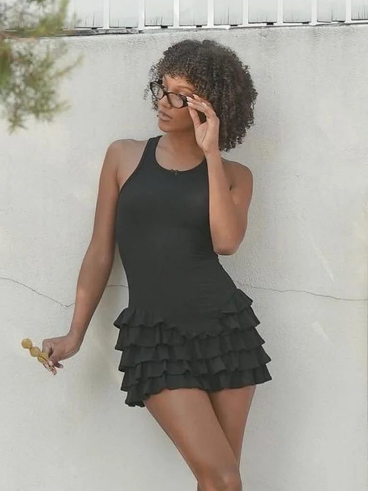 Bow Appliques Dress Woman Y2K Summer Sexy Sleeveless Chic Hem Tierred Solid Ruffles Party Clubwear Skinny Bodycon