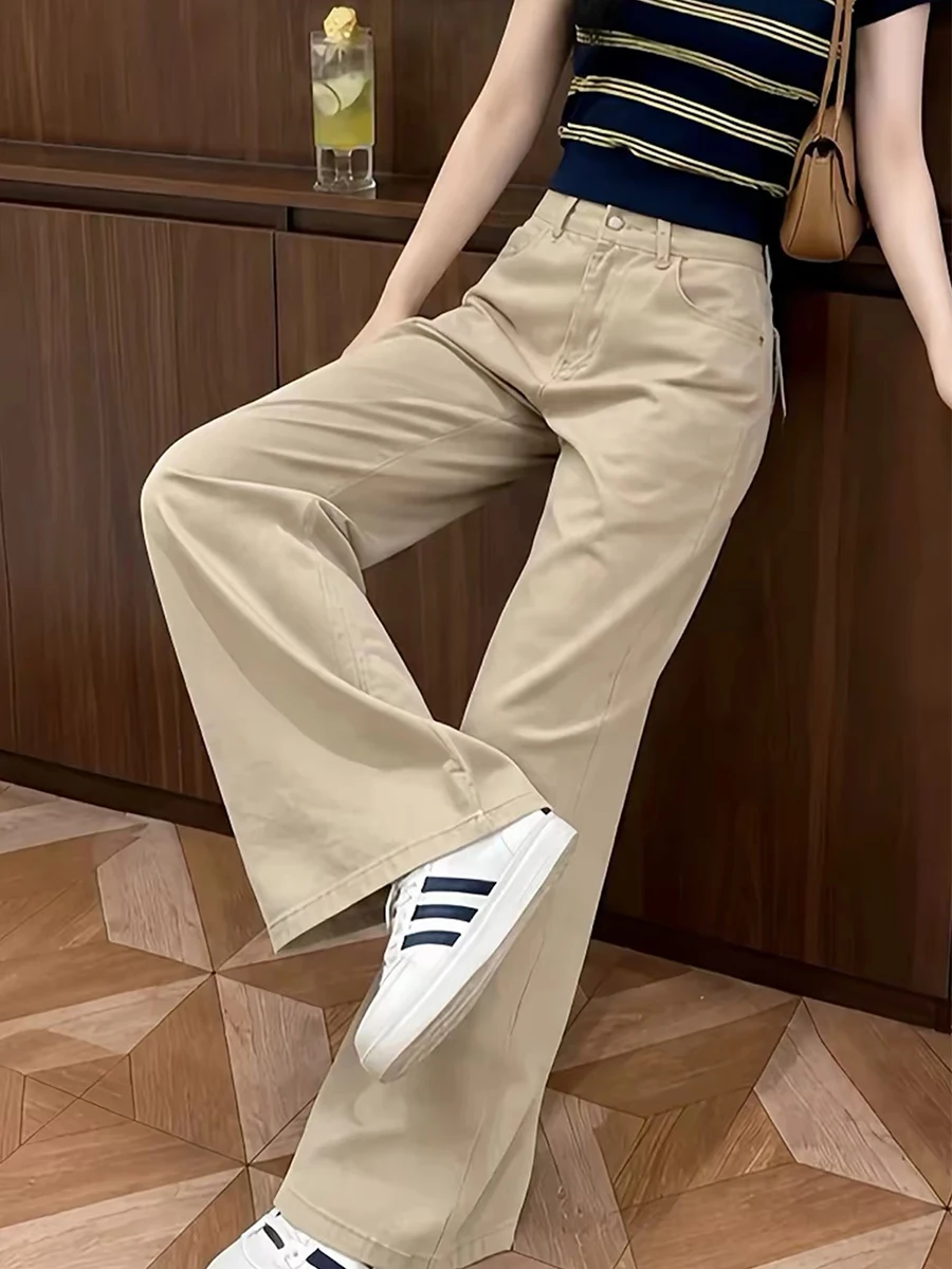 High Waist Wide Leg Khaki Denim Jeans Women Loose Fit Autumn New Style Retro Big Size Slimming Straight Leg Trousers