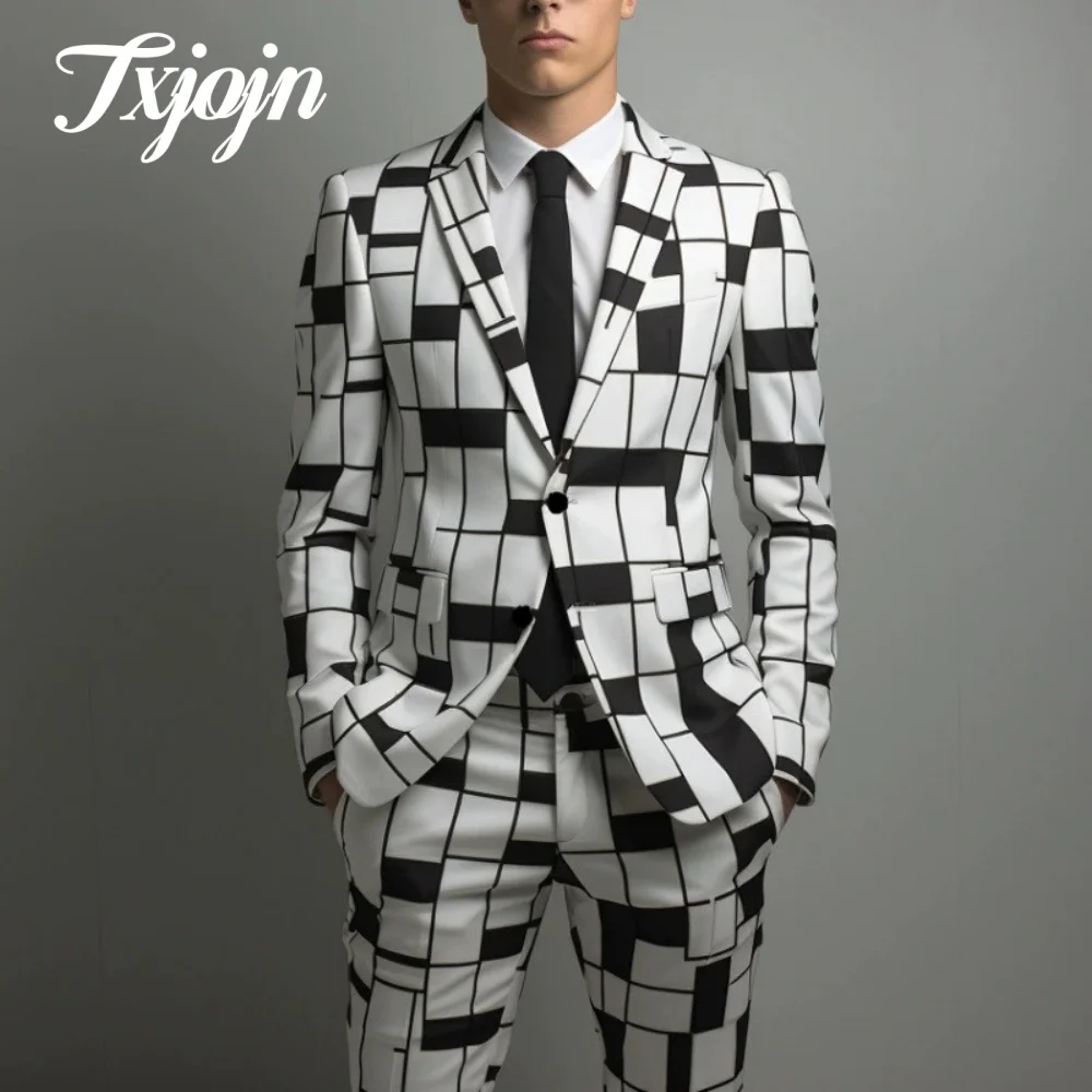 Simple Geometric Men Suit Set 2PCS 2025 Classic Notched Lapel Suit Wear Casual single-breasted Performance Suit blazer masculino