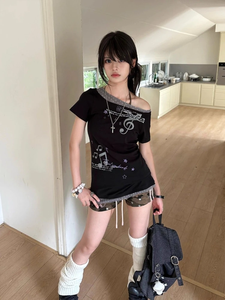 

HOUZHOU Vintage Off Shoulder T-shirts Women Y2k Harajuku Gothic Black Print Tees Sexy Spicy Girl 2000s Grunge Patchwork T-shirts