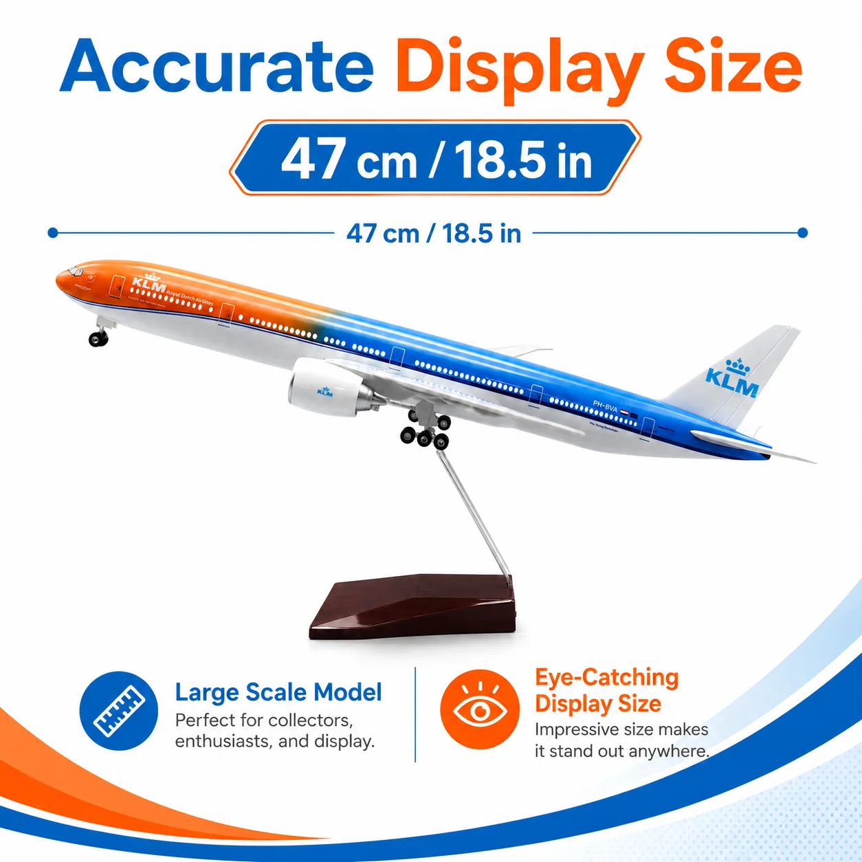 KLM B777-300 47 cm Die-Cast Resin Aircraft Model 18.5 inches with Stand and Landing Gear Model Display Piece